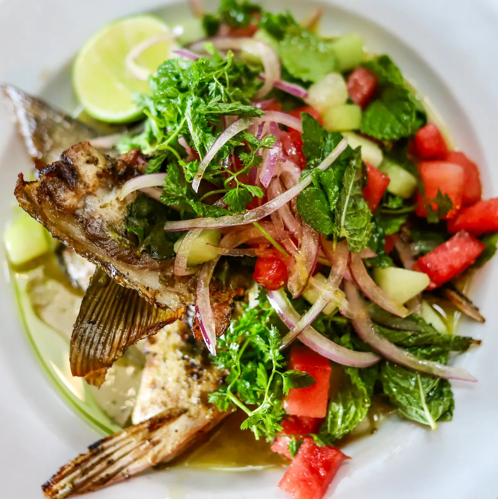 Whole fish with fresh herbs, tomatoes and red onion at NUNO’S