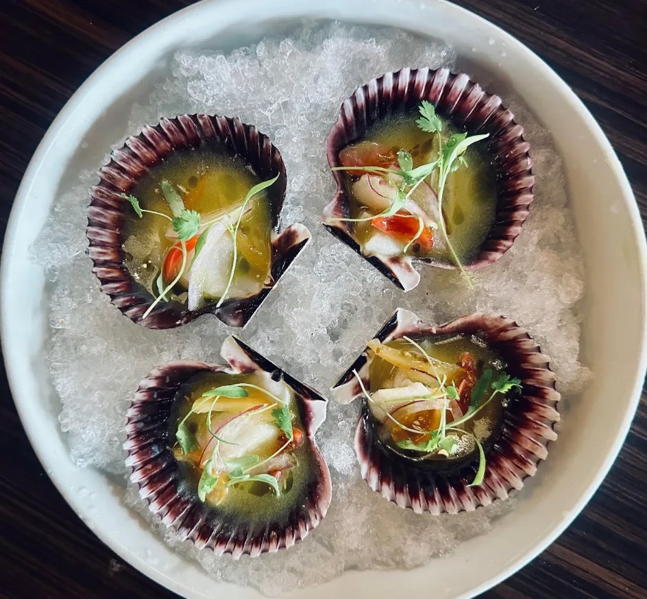 Seafood served on scallop shells over ice at NUNO’S Bistro & Bar